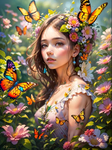 girl with butterfly head, surrounded by colorful gardens, soft and soothing colors, vibrant flowers, butterflies flutter around,...