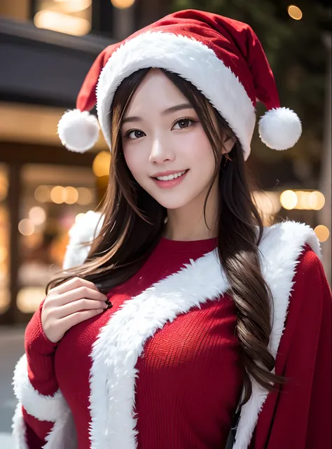 Textured skin, Super Detail, high details, High quality, Best Quality, hight resolution, 1080p, hard disk, Beautiful,Winter illumination,Christmas tree,shopping mall,Santa Claus Cosplay,She wears a Santa Claus costume,Lovely smile