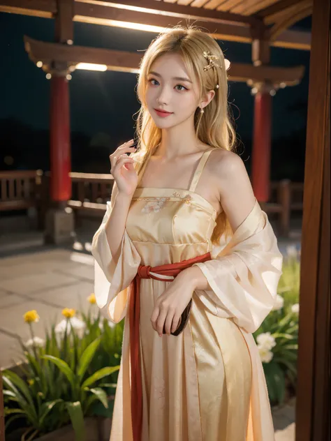 ((upper body)), Shot from a random perspective, ancient chinese beauti, Swing, posed for photo, ellegance, dignified, slim, Slimming the waist, curlies, period costume, Hanfu, Tang suit, cropped shoulders, China-style, Floral, Pattern, high-waist, Nice bel...