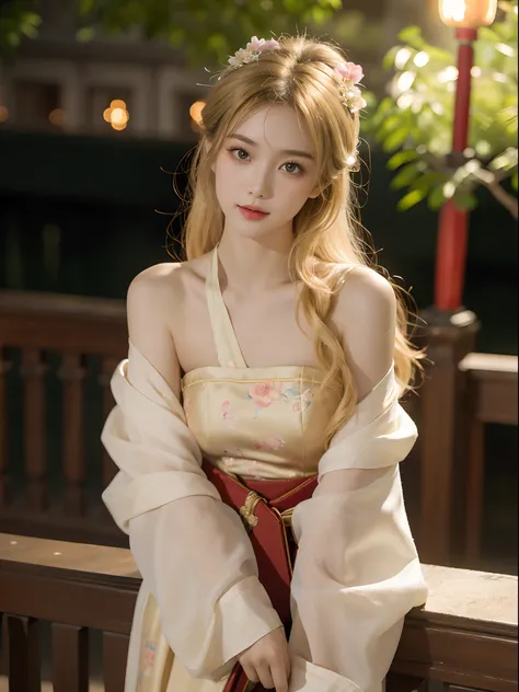 ((upper body)), Shot from a random perspective, ancient chinese beauti, On the stone tower, Leaning against the railing, posed for photo, ellegance, dignified, slim, Slimming the waist, curlies, period costume, Hanfu, Tang suit, cropped shoulders, China-st...