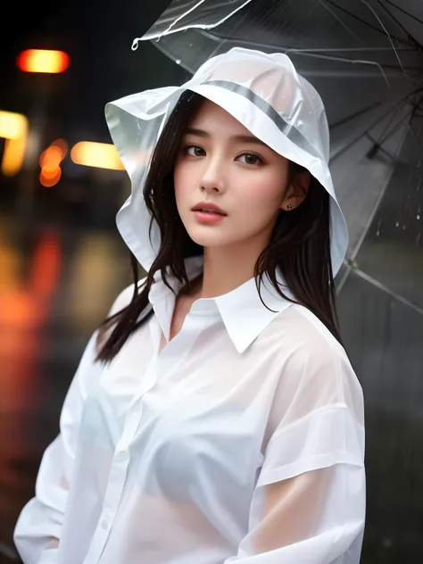 Sudden rain、Sexy Girls、round face、extremely beautiful。Colossal big、Pure white shirt with see-through lace、brunette hair,I was wet in the rain.,Wet season,Soaked raincoat,Shining skin wet with rain,Close-up、Professional lighting,Movie Light、top-quality、cowb...