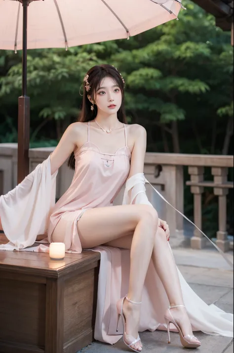 ((knee shot)), ((from below)), ((realistic)), ancient chinese beauti, delicated face, ((Pink and white dress)), cropped shoulders, high-heels, In the gazebo, Sit Pose, posing elegantly, Flirting skirts, the night, themoon, a warm color palette, best qualti...