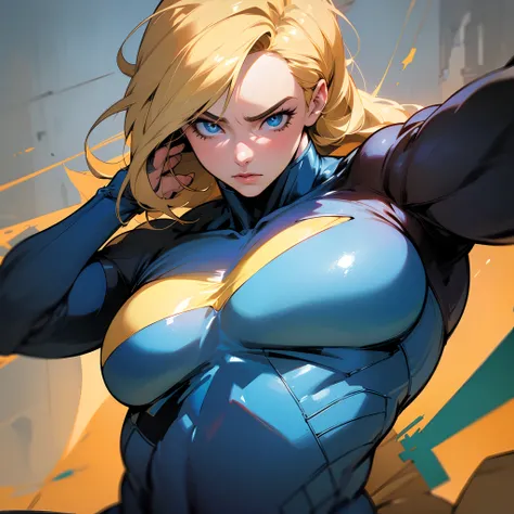 (best quality,4k,8k,highres,masterpiece:1.2),ultra-detailed,(realistic,photorealistic,photo-realistic:1.37),Female Omni man from invincible, blonde, muscular, perfect eyes, detailed facial features, powerful physique, confident expression, vibrant light ef...