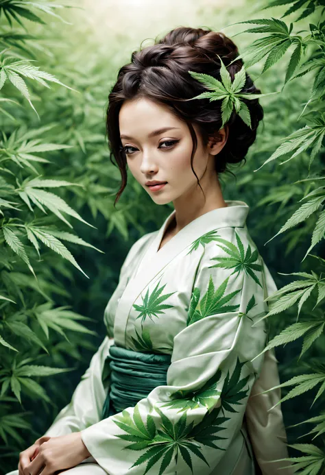 「Cannabis and Khemri Relaxation」On the theme of、Imagine a relaxing scene with Kemri as a symbol。Use of light shades and soft curves、Generate images that make you feel relaxed and at ease。kimono