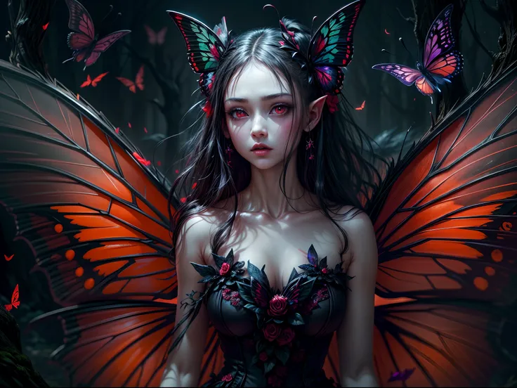 tmasterpiece,ultra - detailed,dark fantasy art,gothic art,Dark Vampire Fairy Award-winning Photos,The girl has a pair of beautiful butterfly wings。Huge butterfly wings。Cold girl。,pale-skinned,Red eyes。elvish ears。Many glowing butterflies fly out from the g...