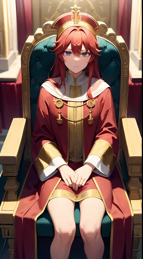 （A highly detailed，8K，tmasterpiece），（mtu，pope，He wears a red robe，He wore a golden crown on his head），He sat on a stone chair，Sit between two stone pillars，A solemn expression，（Facing the audience：1.2），inside in room，the soft light