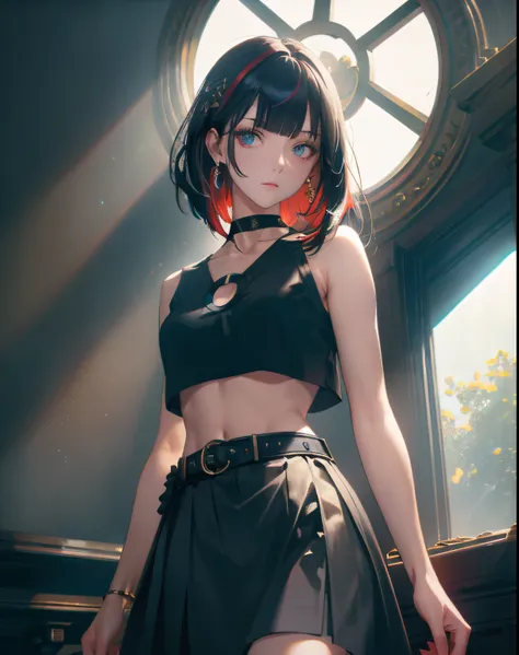 (masterpiece, best quality, 1girl, solo, intricate details, chromatic aberration), (realistic),(skin), ((breath)),(black hair,blunt bangs),detailed hair, red head ornament, blue highlights, hair over one eye,black eyes, small earrings, sharp eyes, choker,(...