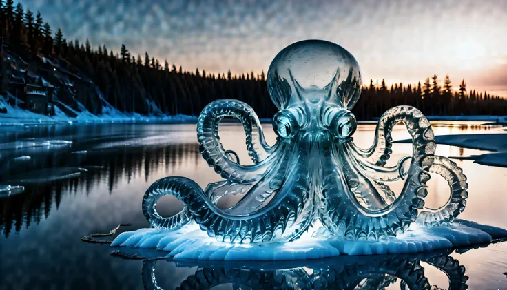 (((imagine a transparent ice sculpture of myth creature kraken with dark fantasy:1.4))), (((glistening in a water tank filled wi...