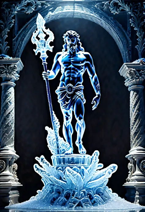 (((imagine a transparent ice sculpture of myth god poseidon:1.4))), (((glistening in a water tank filled with sparkling coral an...