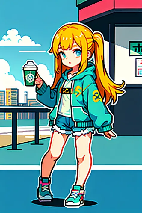 masutepiece, Best Quality, hight resolution, Solo Focus, thick outlines, Cute, character pastel color palette, 1girl in, Solo, Long baby blue hair, cotton candy pink eyes, :3, Looking at Viewer, Winters, Outdoors, dark green hoodie、orange accent, A city sc...