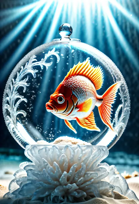 (((imagine a transparent ice sculpture of fish:1.4))), poke head out of the sea, sea snow of ice sculpture, (((glistening in a water tank filled with sparkling coral and sandy beach:1.3))), (((transparent ice texture:1.3))), intricately carved with stunnin...