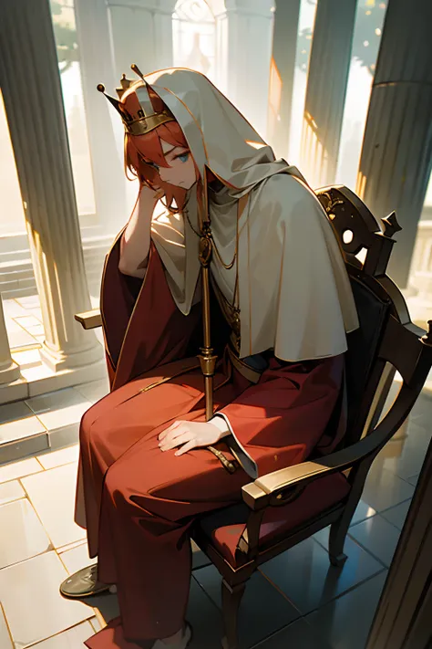 （A highly detailed，8K，tmasterpiece），（mtu，pope，He wears a red robe，He wore a golden crown on his head，In his right hand, He held a long-handled scepter），He sat on a stone chair，Sit between two stone pillars，A solemn expression，（Front view：1.2），There were tw...