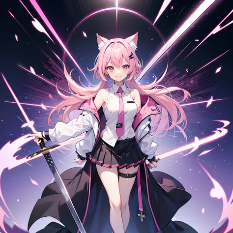 "anime girl, 1 person, pink hair, pink cat ears, pink eyes, womens shirt, tie, with takana twin swords on back, takana sword, womens black off-the-shoulder jacket, black miniskirt, big breasts  , there are ice crystals flying around on his back, holding a ...