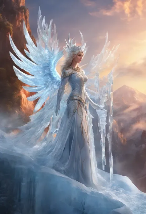 fantasy art, RPG art, PEIceSculpture a picture of an (ice sculpture: 1.5) (ultra detailed, Masterpiece, best quality: 1.4) of an (icy: 1.4) female angel (ultra detailed, Masterpiece, best quality: 1.3) spread angel wings angel_wings (ultra detailed, Master...