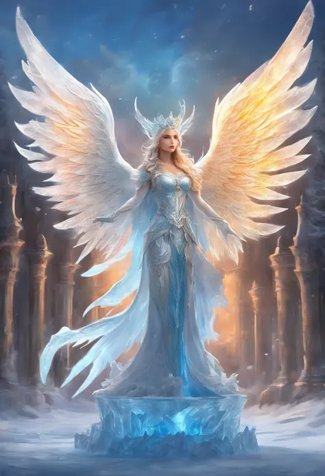 fantasy art, RPG art, PEIceSculpture a picture of an (ice sculpture: 1.5) (ultra detailed, Masterpiece, best quality: 1.4) of an (icy: 1.4) female angel (ultra detailed, Masterpiece, best quality: 1.3) spread angel wings angel_wings (ultra detailed, Master...