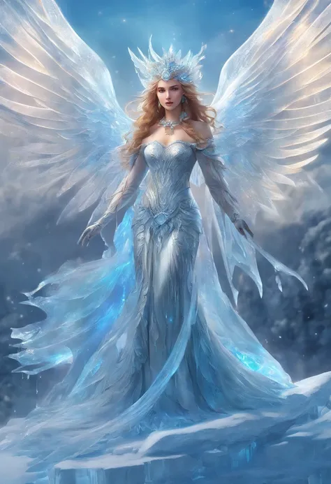 fantasy art, RPG art, PEIceSculpture a picture of an (ice sculpture: 1.5) (ultra detailed, Masterpiece, best quality: 1.4) of an (icy: 1.4) female angel (ultra detailed, Masterpiece, best quality: 1.3) spread angel wings angel_wings (ultra detailed, Master...