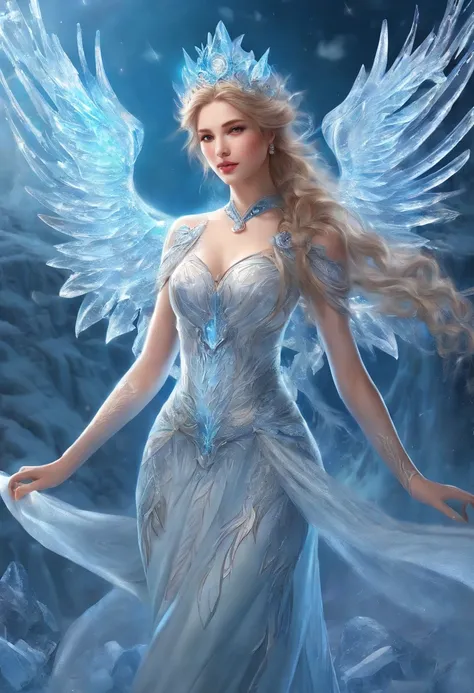 fantasy art, RPG art, PEIceSculpture a picture of an (ice sculpture: 1.5) (ultra detailed, Masterpiece, best quality: 1.4) of an (icy: 1.4) female angel (ultra detailed, Masterpiece, best quality: 1.3) spread angel wings angel_wings (ultra detailed, Master...