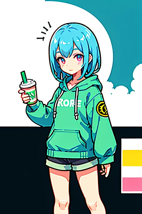 masutepiece, Best Quality, hight resolution, Solo Focus, thick outlines, Cute, character pastel color palette, 1girl in, Solo, Long baby blue hair, cotton candy pink eyes, :3, Looking at Viewer, Winters, Outdoors, dark green hoodie、A city scape,、White head...