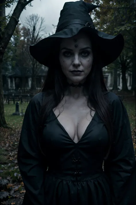 (best quality,4k,8k,highres,masterpiece:1.2),ultra-detailed,(realistic,photorealistic,photo-realistic:1.37),Halloween,spirit dressed as a witch,large breasts,ghost wearing witch costume,fear,terror,dark cemetery,haunted mansion,ominous night sky,witch hat,...