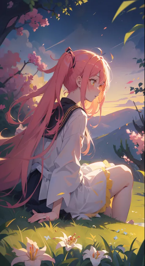 (masutepiece), (Best Quality), 超A high resolution, Sharp Focus, Warm pastel tones, ((1 woman, Solo)),Pink hair， long_hair, ((High twin tails))，Yellow eyes、Cute girl with yellow eyes, Full body, Back Profile Shot, beautiful detailed hair, Long hair rolls do...