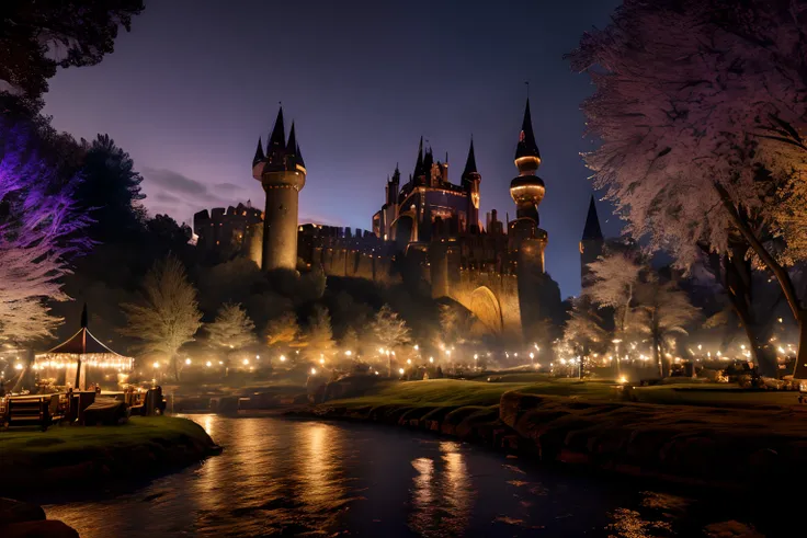 a medieval magic festival on a moonlit night, In the center of the image is 1 stunning Gothic castle that serves as the backdrop for the magic performances and activities taking place. Enchanted light effects add to the ethereal atmosphere of the scene,The...