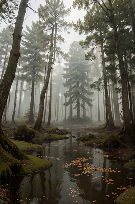 (best quality,4k,8k,highres,masterpiece:1.2),ultra-detailed,(realistic,photorealistic,photo-realistic:1.37),a murky, moss-covered swamp with twisted tree roots emerging from the murky water, a dense fog hanging low over the surface, creating an eerie atmos...