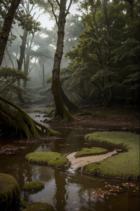 (best quality,4k,8k,highres,masterpiece:1.2),ultra-detailed,(realistic,photorealistic,photo-realistic:1.37),a murky, moss-covered swamp with twisted tree roots emerging from the murky water, a dense fog hanging low over the surface, creating an eerie atmos...