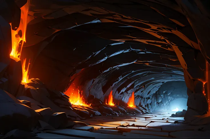 Fantastic forge in a cave, Huge Forge, lava channels, forge, mountain cave, cave ceiling, stonework, lava waterfall, The walls are tiled, Worked Stone, Lava flow