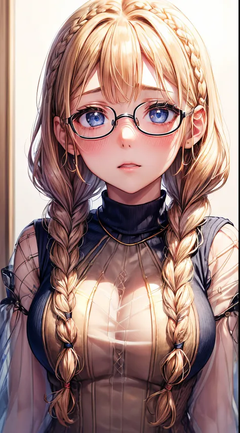 1womanl,Golden head hair, ,((Impatient expression)),Beautiful breasts,Sweater knitwear,well-styled,,(Facing the front)(((Blushing cheeks、Surprised look)),(((Braids))),((( Upper body portrait)))Frameless glasses,Blue eyes,(((Bangs are aligned)))((see -throu...