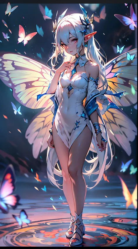 Elf Girl，butterfly wings，with light glowing，Colorful，8K,A high resolution,tmasterpiece,Beautiful wallpapers,high qulity,high detal,电影灯光,OC renderer,s the perfect face,dynamicposes,offcial art,full body shot shot,blur backgroun, --niji 5