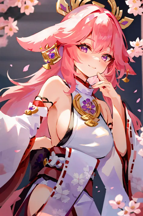 yae miko, 1girl, n/, animal ears, bare shoulders, blush, breasts, cherry blossoms, closed mouth, detached sleeves, earrings, flower, fox ears, gem, hair between eyes, hair ornament, hand up, japanese clothes, jewelry, kimono, long hair, looking at viewer, ...