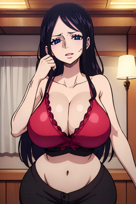 (messy black hair), (mother), house, (huge juicy breasts:1.2), (cleavage), milf, busty, slim stomach, wide hips, beautiful face, professional lighting, glistening skin, high quality, (seductive pose:1.2)