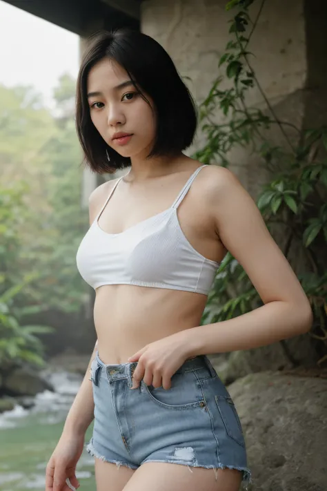 a close up of a woman in a waterfall, korean girl, gorgeous young korean woman, beautiful south korean woman, korean woman, beautiful young korean woman, korean womens fashion model, skinny waist and thick hips, photo of slim girl model, attractive pose, b...