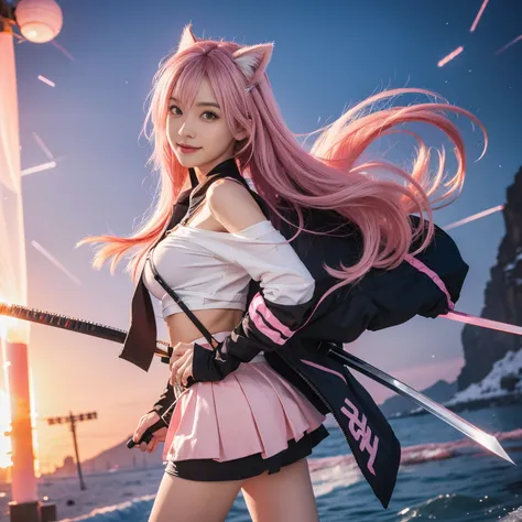 "anime girl, 1 person, pink hair, pink cat ears, pink eyes, womens shirt, tie, with takana twin swords on back, takana sword, womens black off-the-shoulder jacket, black miniskirt, big breasts  , there are ice crystals flying around on his back, holding a ...