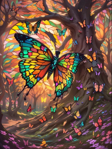 (The dancing butterfly falls on the tree:1.2, Intricate designs resembling stained glass:1.2, Mesmerizing artistry:1.1)，full bodyesbian，Faraway view，high saturated，Vibrant colors，8K，globalillumination