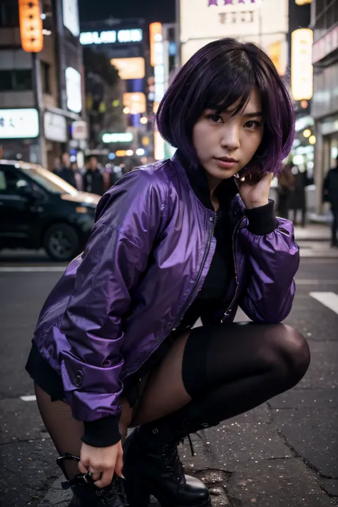 Ultra realistic photo of a beautiful Japanese woman. She is 25 years old, she has black short hair with purple tips, beautiful detailed face. She wears a purple jacket and black boots and black pantyhose. She is in Tokio, powerful pose, f