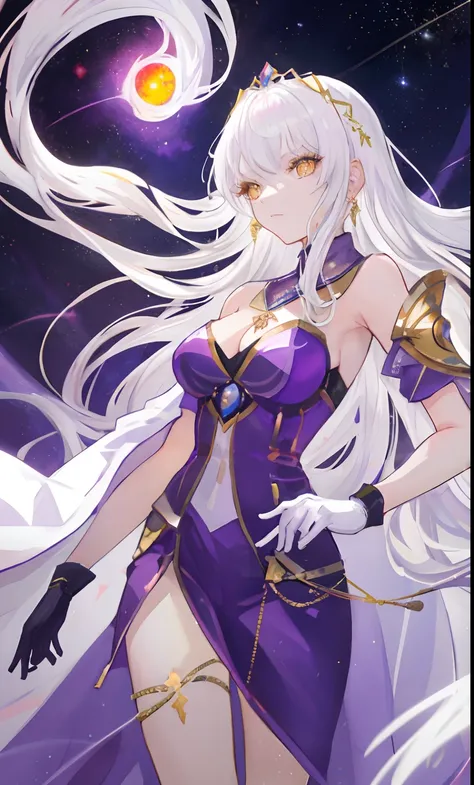 Two-dimensional painting style，24-year-old woman，Golden eyes，White hair，put on purple robe，Long white gloves are worn on the elbows(Must be above the elbow)，in the cosmos