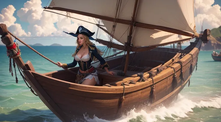 Chica hermosa (22year old) , pirata, estilo piratas del caribe, barco pirata, en la proa, bruma, misterio, 3D, 8k, renderizado, intrincado, dramatic