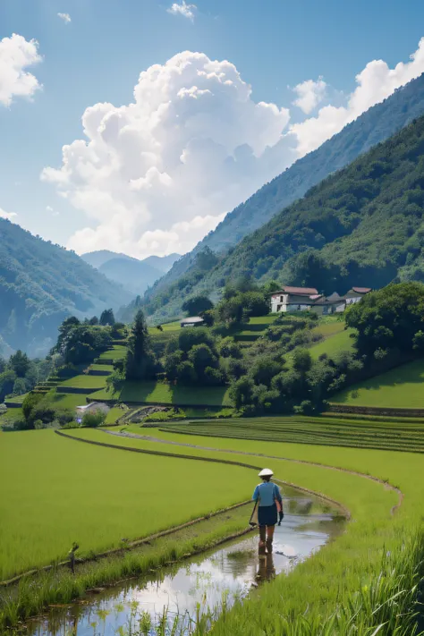 Old farmer carrying a pole, Walk the winding paths of the countryside, large moon, Jupiter reflection, large clouds, blue-sky, ricefield, Neat rice seedlings in the field, ln the forest, hillside, secluded, zona rural, high definition detail, hyper-detaili...