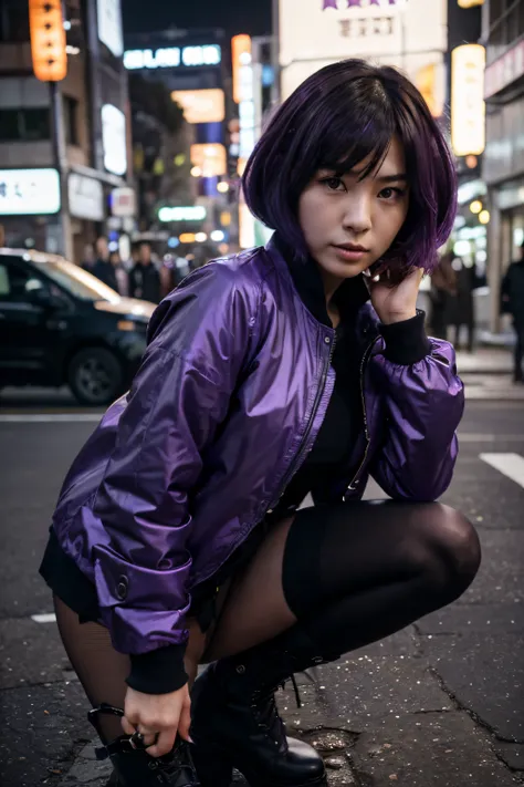 Ultra realistic photo of a beautiful Japanese woman. She is 25 years old, she has black short hair with purple tips, beautiful detailed face. She wears a purple jacket and black boots and black pantyhose. She is in Tokio, powerful pose, f