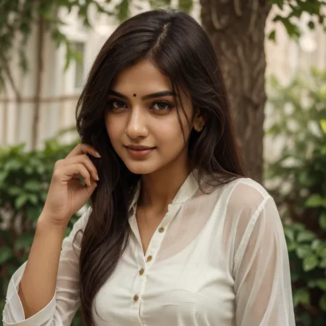 Beautiful ,23 years young girl,confident looking,8k,realistic,dark brown hair,fair skin, indian,long hair,clear facial features, wearing white dupatta and black kurti,