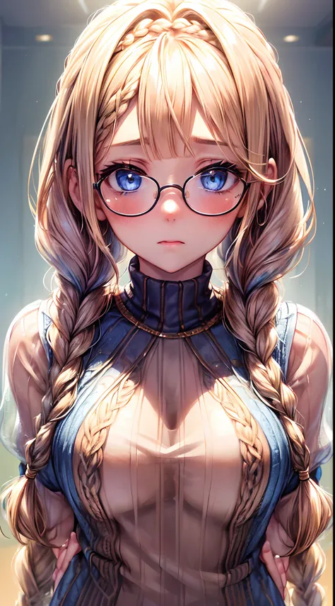 1womanl,Golden head hair, ,((Impatient expression)),Beautiful breasts,Sweater knitwear,well-styled,,(Facing the front)(((Blushing cheeks、Surprised look)),(((Braids))),((( Upper body portrait)))Frameless glasses,Blue eyes,(((Bangs are aligned)))((see -throu...