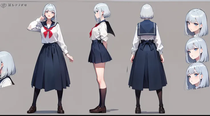 a pregirl，silber hair，Blue eyes，character design，a lot of pose, in school uniform, full body