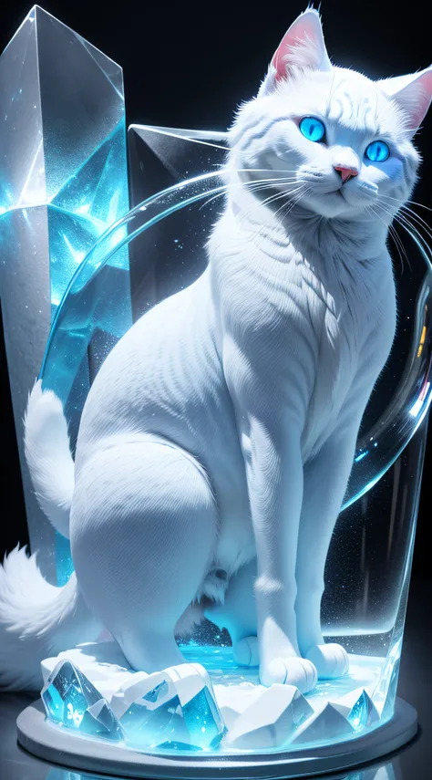 best quality, ultra-detailed, extremely detailed. Ice sculpture: Norvegian cat (bluish, white, iridescent reflections; ice transparency). HDR, 16K.