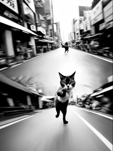 there is a cat that is holding a fish in its mouth, cat attacking tokyo, running cat, by Basuki Abdullah, running fast towards the camera, trent parke, by Tadashi Nakayama, by Hiroyuki Tajima, by Matt Stewart, a cat, by Joze Ciuha, by Niko Henrichon, runni...