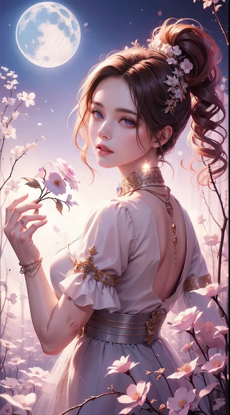 tmasterpiece，Highest high resolution，((themoon))，Dynamic bust of a beautiful aristocratic maiden，elegantly coiled brown chestnut hair，Purple clear eyes，Hair is covered with beautiful and delicate floral craftsmanship, Crystal Jewelry Filigree，Ultra-detaile...