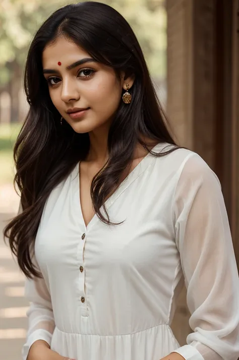 Beautiful ,23 years young girl,confident looking,8k,realistic,dark brown hair,fair skin, indian,long hair,clear facial features, wearing black dupatta and white kurti,