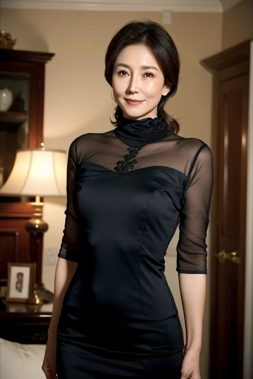 47-year-old mature woman，Fine wrinkles at the corners of the eyes，Elegant feminine，Happy and charming，