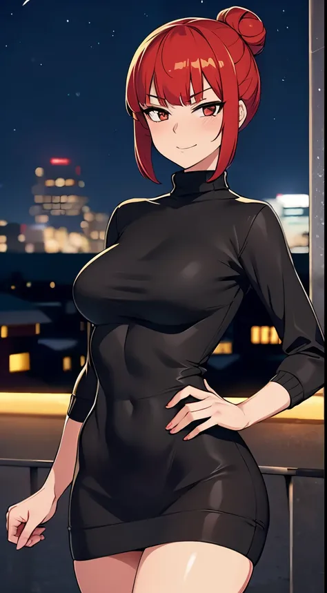 Midnight, Best quality, 8k, Masterpiece, Whole body, Long legs, Sharp focus, A pretty woman with perfect figure, Slender abs, red hair, short hair, hair bun, bangs, small breasts, tight sweater dress, Standing, Night city view, Rooftop, Detailed eyes, smug...