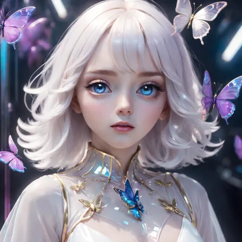 Highest quality,The perfect masterpiece,Perfect artwork,official works,8K, Close-up Shot Shot,Delicate face,17 years old,White-haired girl,(whaite hair:1.5),Short and medium hair,((White transparent eyes:1.5)),(White dress:1.2)，(butterfly on chest)， purple...